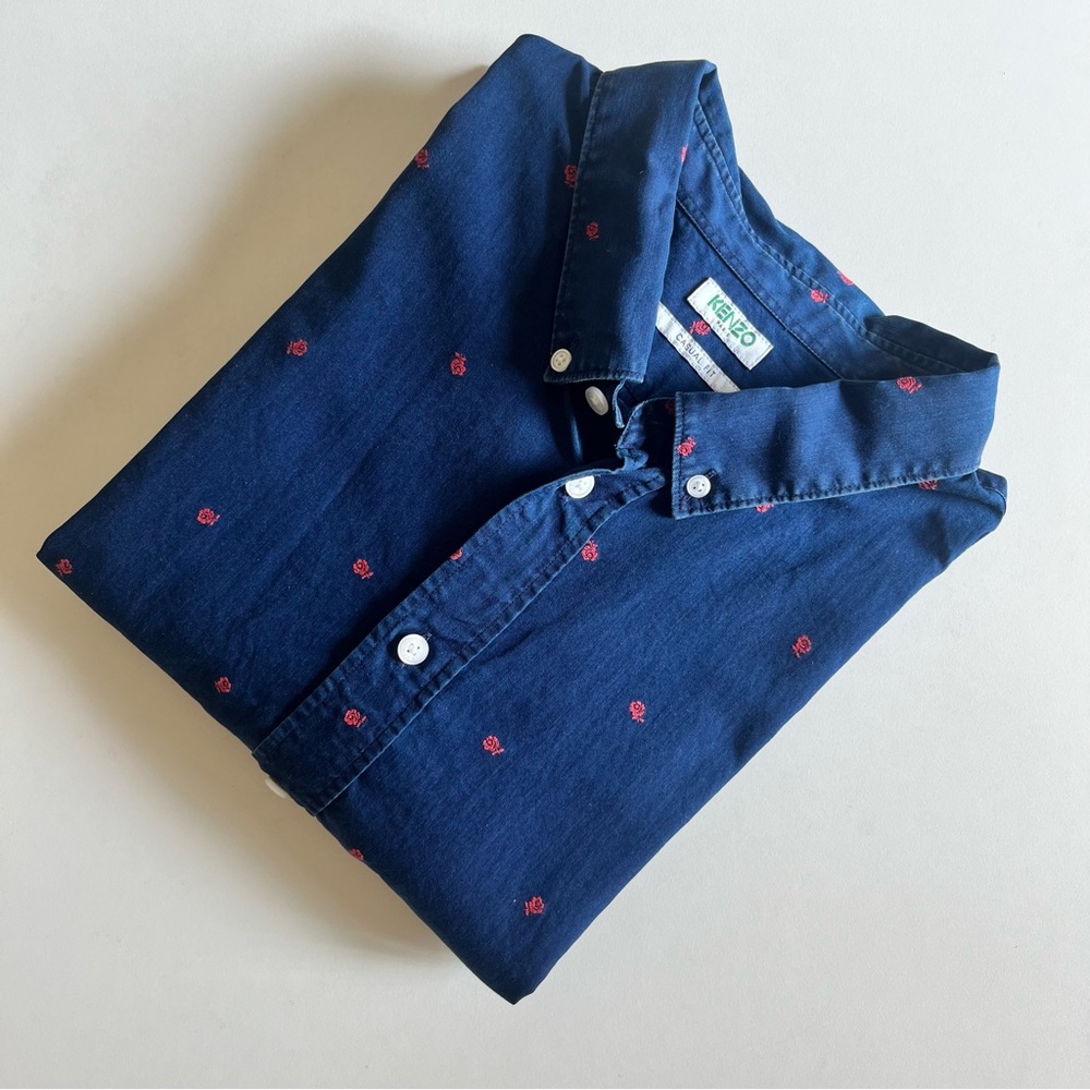 Kenzo Paris Blue Denim Rose Monogram Embroidered Button-Down Shirt Size 2XL